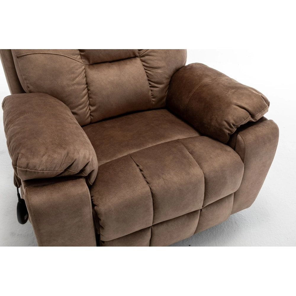 Plush brown recliner chair with padded arms and soft microfiber upholstery