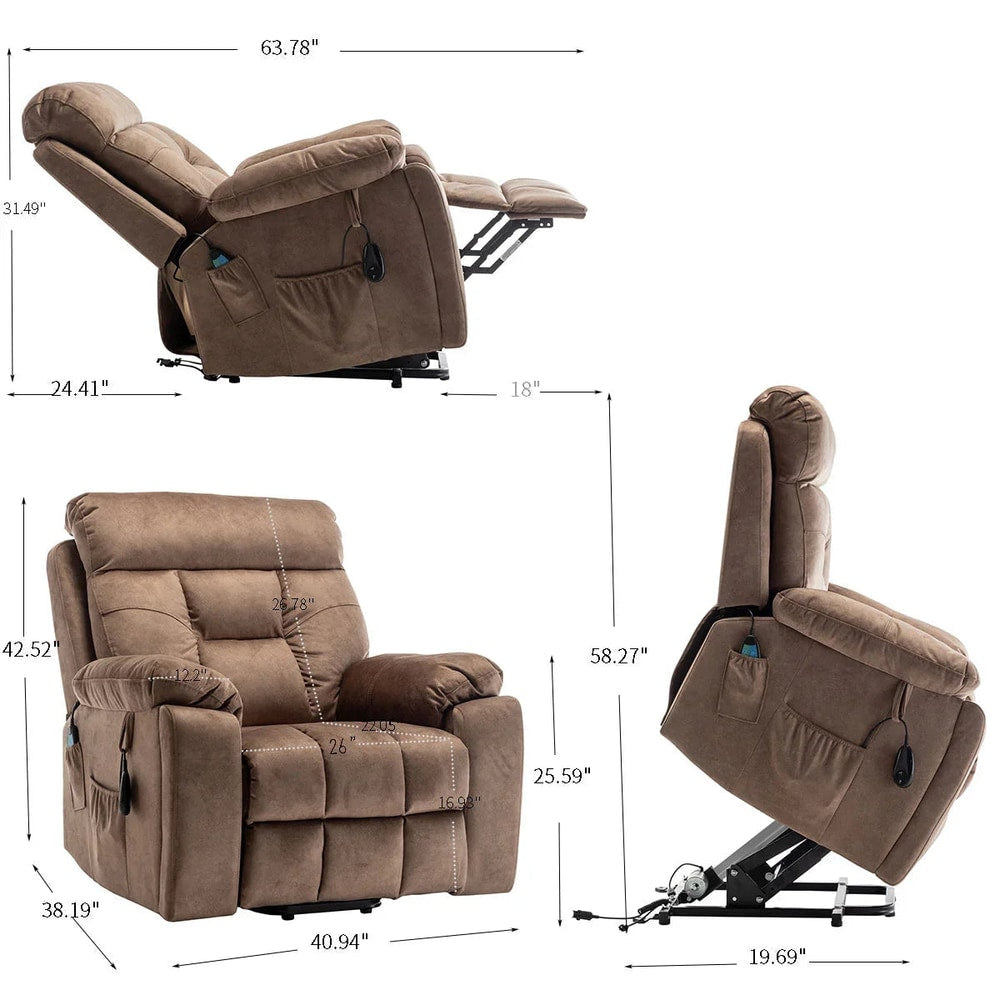 Brown power lift recliner chair with remote, showing reclining, upright, and lifted positions with dimensions.