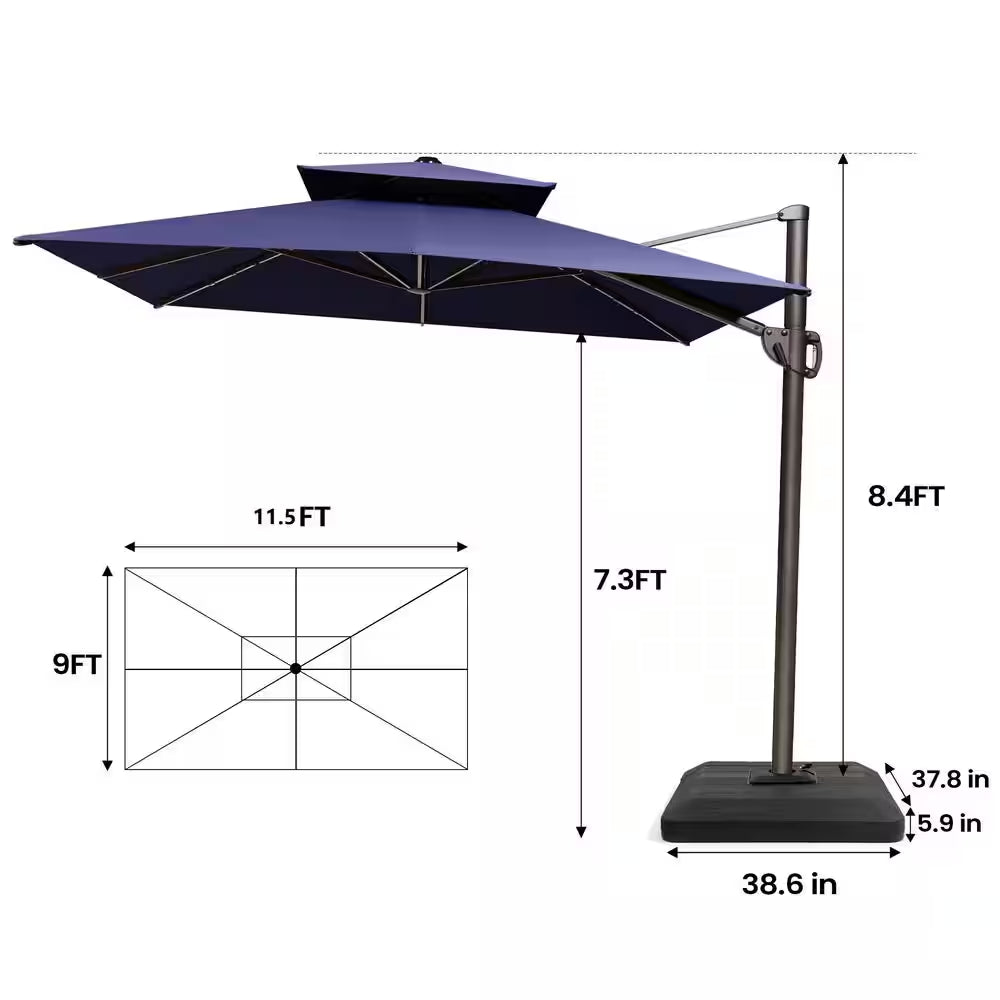 11.5 Ft. X 9 Ft. Aluminum Cantilever Offset 360° Rotation Patio Umbrella in Navy Blue with 350 Lbs. Weighted Base
