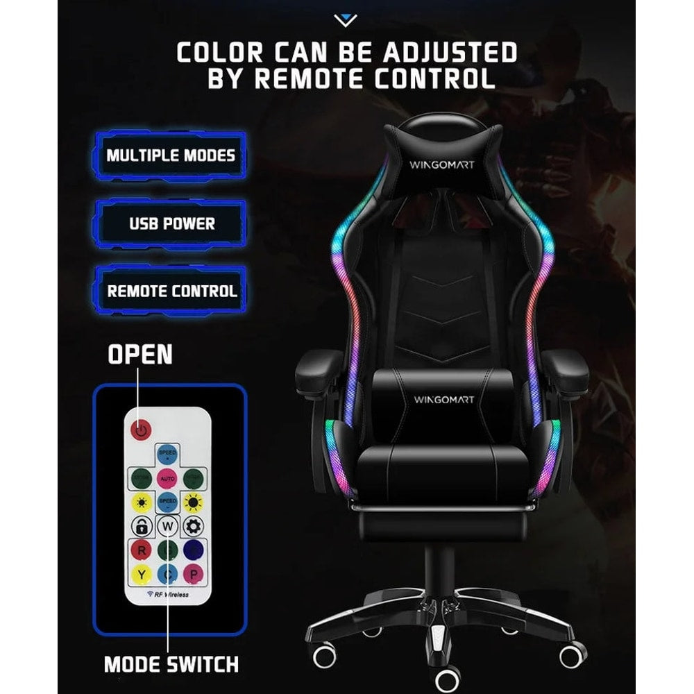 Ergonomic Gaming Chair with Footrest, High Back Faux Leather Gaming Chair with RGB Led Light and Adjustable Armrest Height Adjustable Swivel