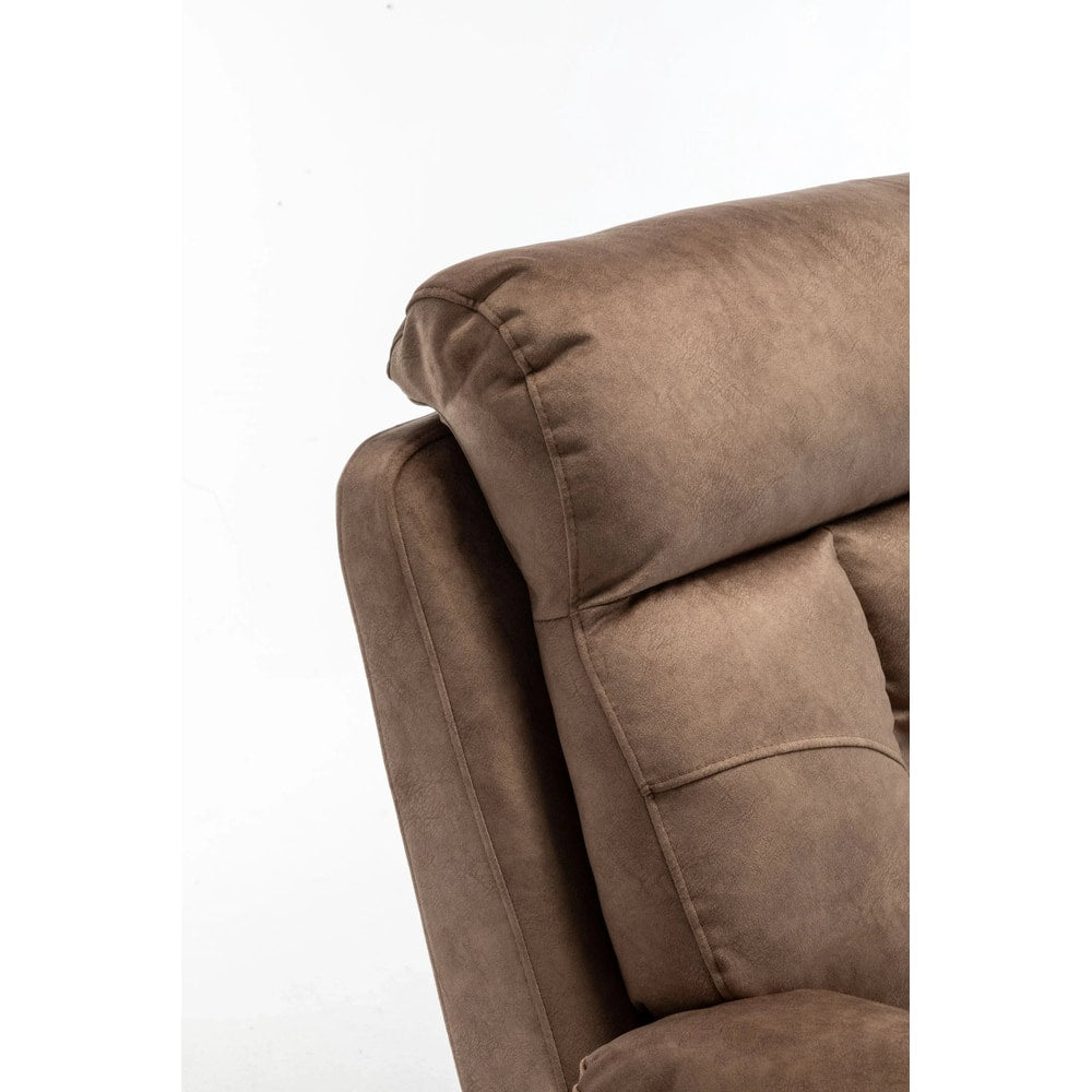 Close-up of plush brown microfiber recliner chair headrest and back cushion