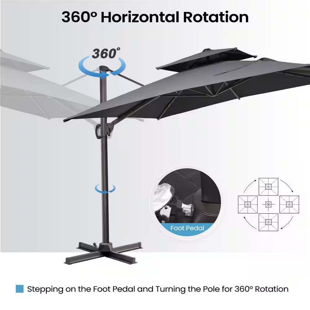 11 Ft. X 9 Ft. Cantilever Patio Umbrella with Cross Stand Tiltable Double Top Outdoor Shade Umbrella in Dark Gray