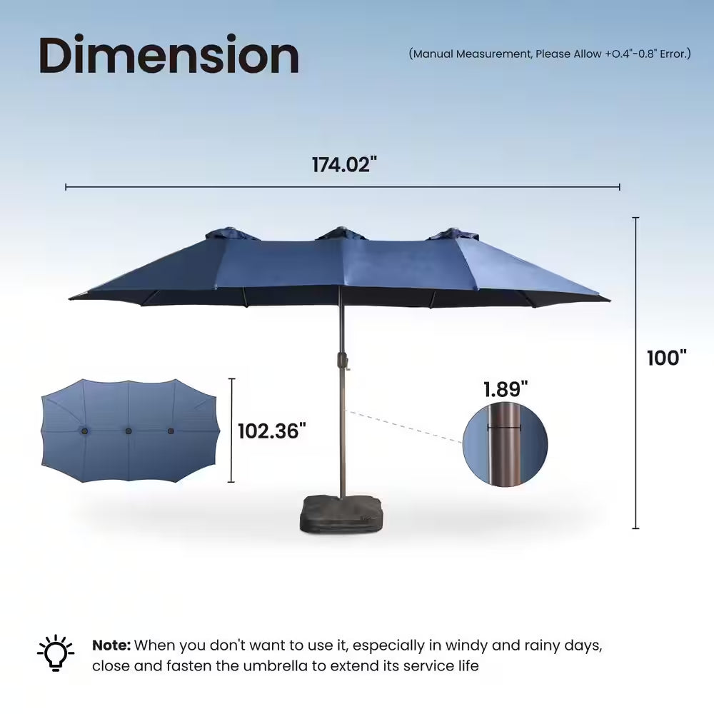 MISO Double Top 14.5 Ft. Steel Cantilever Outdoor Patio Umbrella with Base and Solar LED in Navy Blue