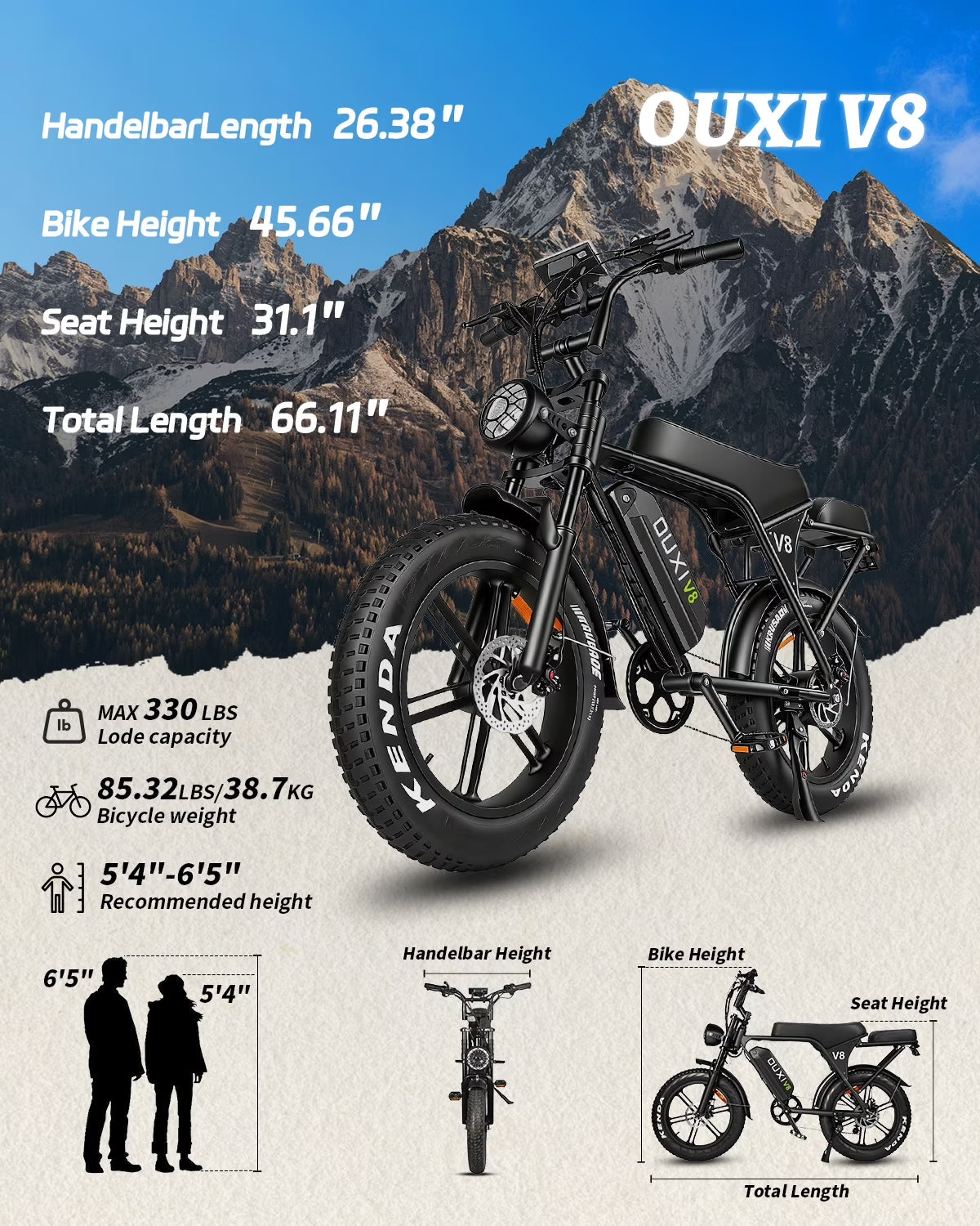 V8 Electric Bike for Adults, 20" Fat Tire Electric Mountain Bike Peak 750W, 48V 15Ah Battery, UL2849