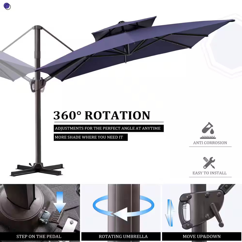 11.5 Ft. X 9 Ft. Aluminum Cantilever Offset 360° Rotation Patio Umbrella in Navy Blue with 350 Lbs. Weighted Base
