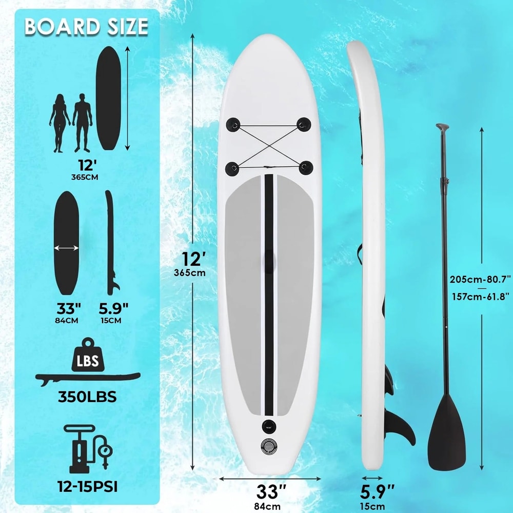 12Ft Inflatable Stand up Paddle Board with Premium SUP Accessories for Surfing & Yoga Non-Slip