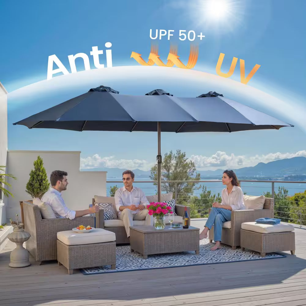 MISO Double Top 14.5 Ft. Steel Cantilever Outdoor Patio Umbrella with Base and Solar LED in Navy Blue